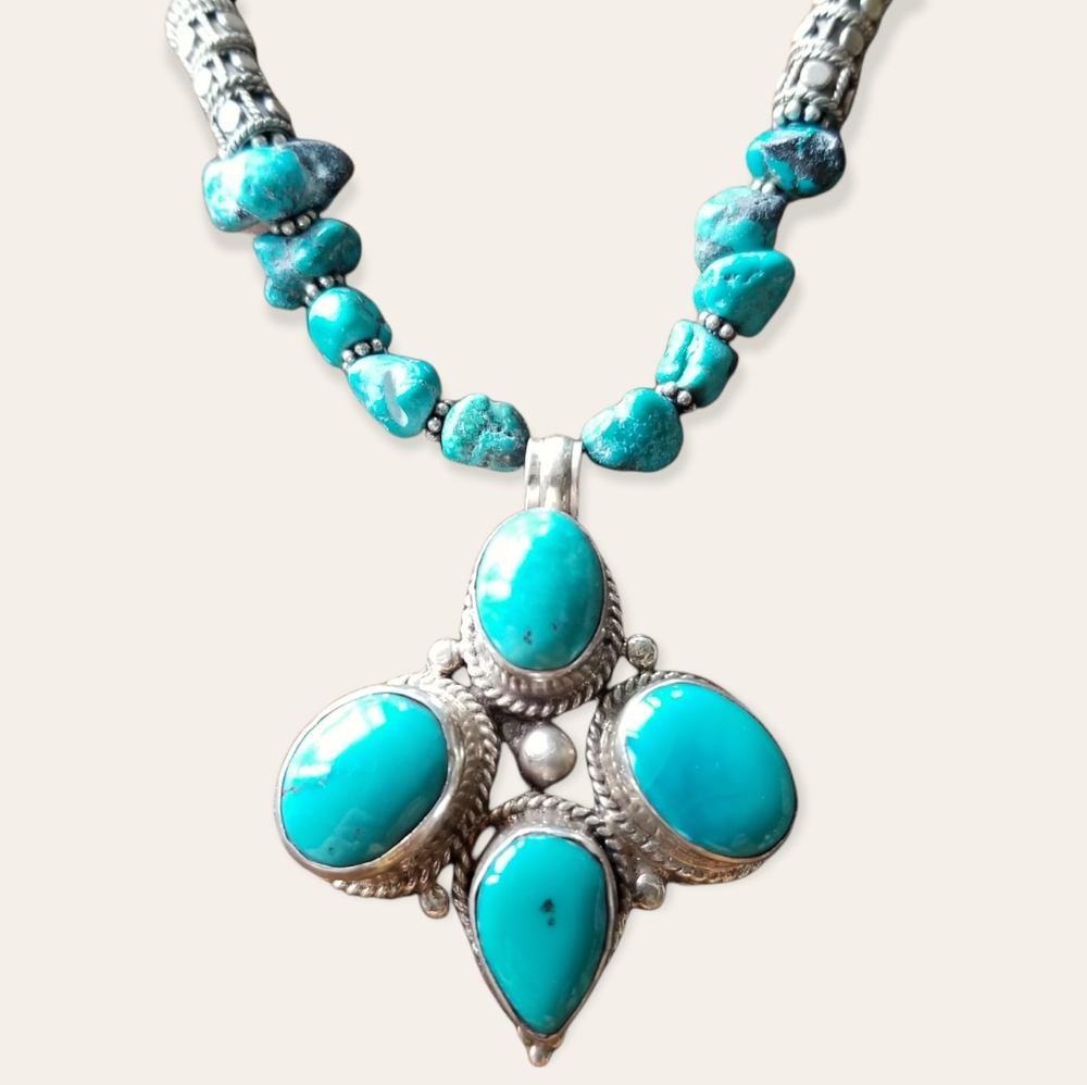 Vintage Boho .925 Sterling Silver Turquoise Hand Crafted Leather Cord Necklace